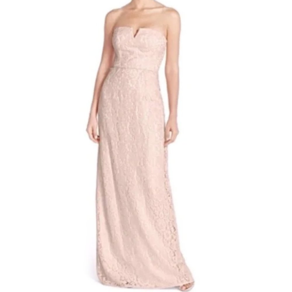 Donna Morgan Collection x BHLDN Reese Strapless Notch Neck floral Lace Gown sz 0